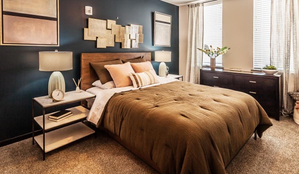 furnished bedroom with carpet and ceiling fan with light fixture
