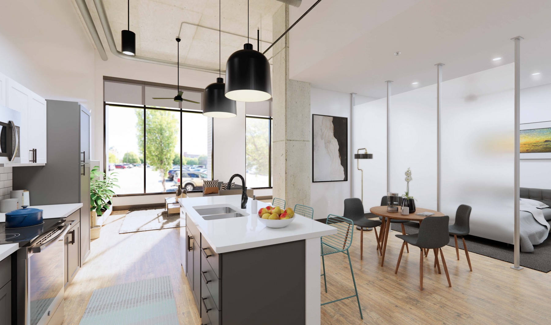 Luxury apartment homes await Open-concept apartment with modern kitchen