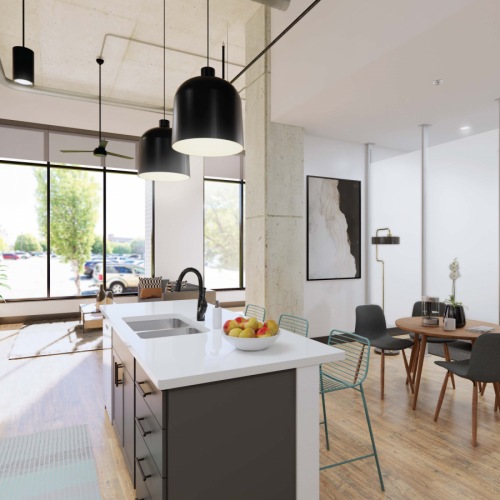 Open-concept apartment with modern kitchen