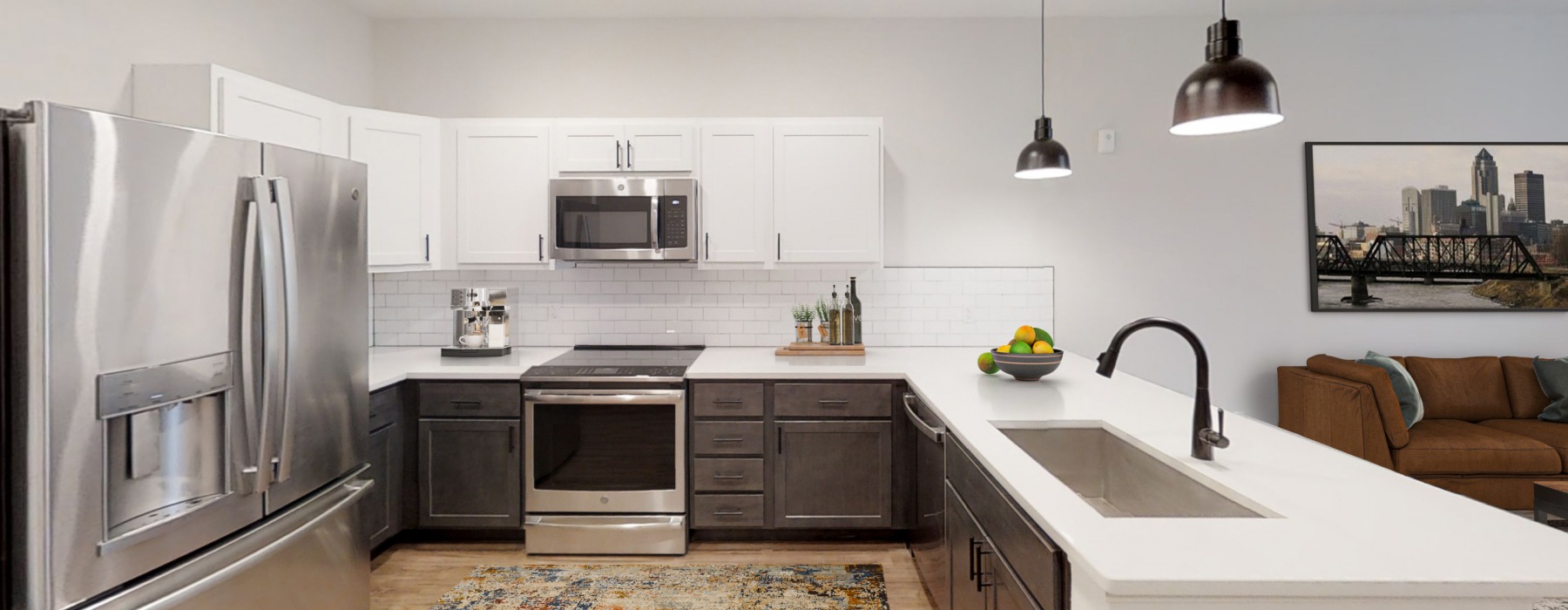 Modern apartment kitchen with quartz countertops