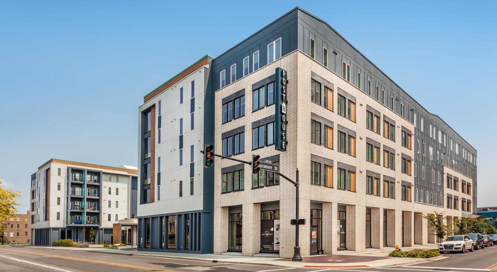 Live centrally in Evansville at Post House Apartments Apartment building exterior