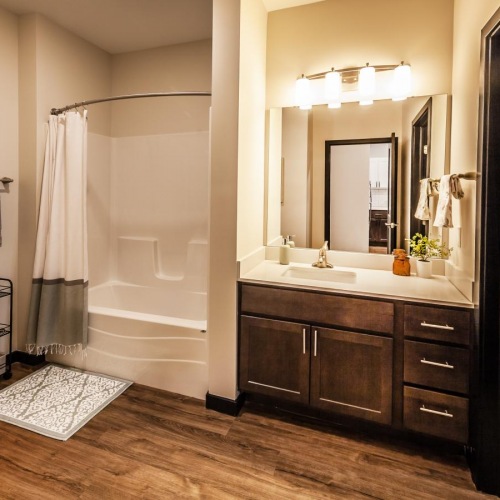 a bathroom with a shower/tub combo