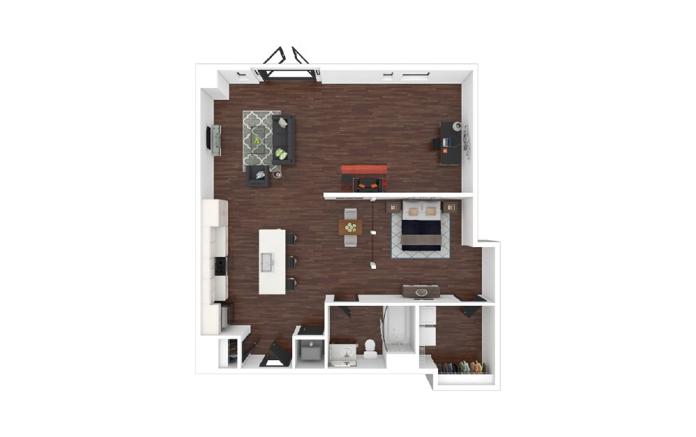 Downtown Loft A2 - Studio floorplan layout with 1 bath and 933 square feet.