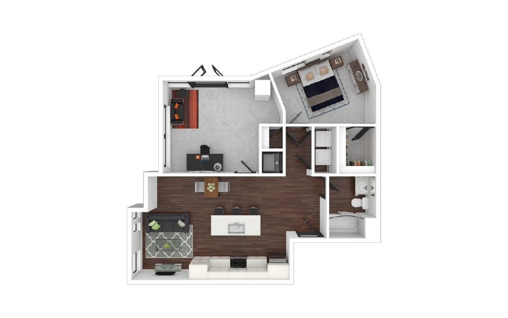 Downtown Loft 1.1A - 1 bedroom floorplan layout with 1 bath and 850 square feet.