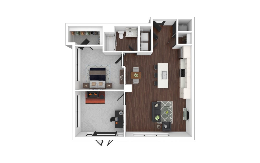 Downtown Loft 2.1A - 1 bedroom floorplan layout with 1 bath and 943 square feet.