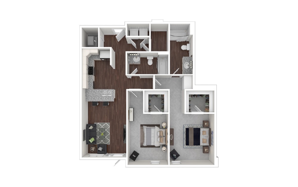 Parcel - 2 bedroom floorplan layout with 2 baths and 1130 square feet.