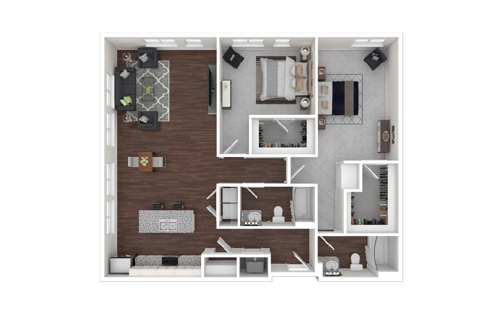 Post - 2 bedroom floorplan layout with 2 baths and 1362 square feet.